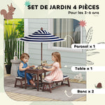 Ensemble salon de jardin extérieur enfant avec coussins et parasol amovible, rayé bleu marine et blanc
