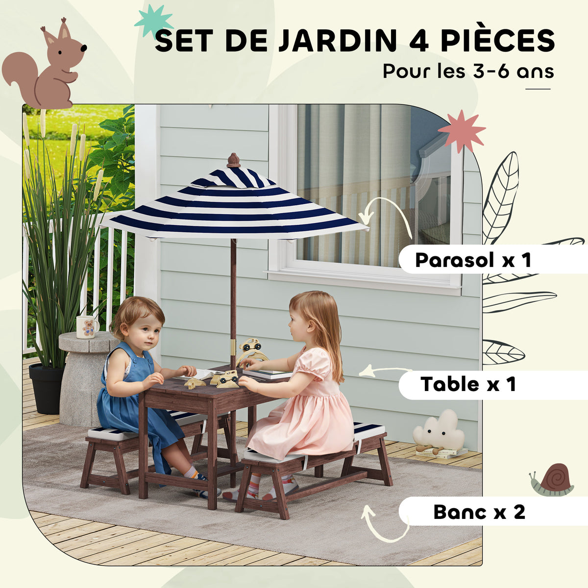 Ensemble salon de jardin extérieur enfant avec coussins et parasol amovible, rayé bleu marine et blanc