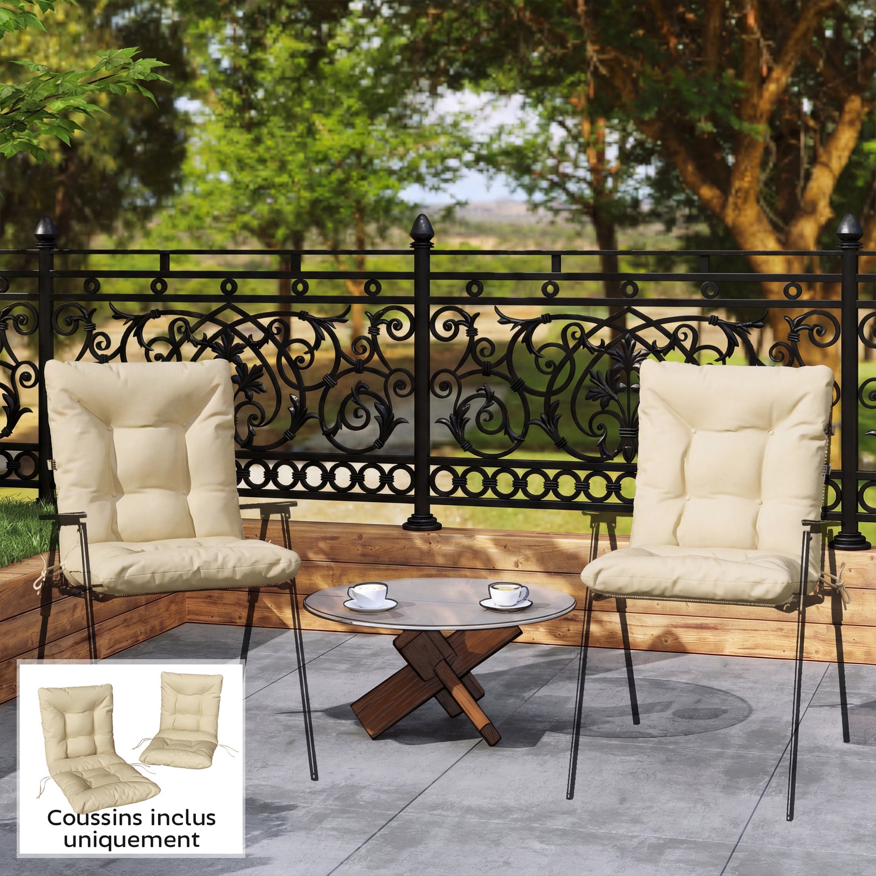 Lot de 2 coussins de chaise d'extérieur, coussins de jardin avec attaches, intérieur et extérieur, 120 x 50 x 8 cm, beige