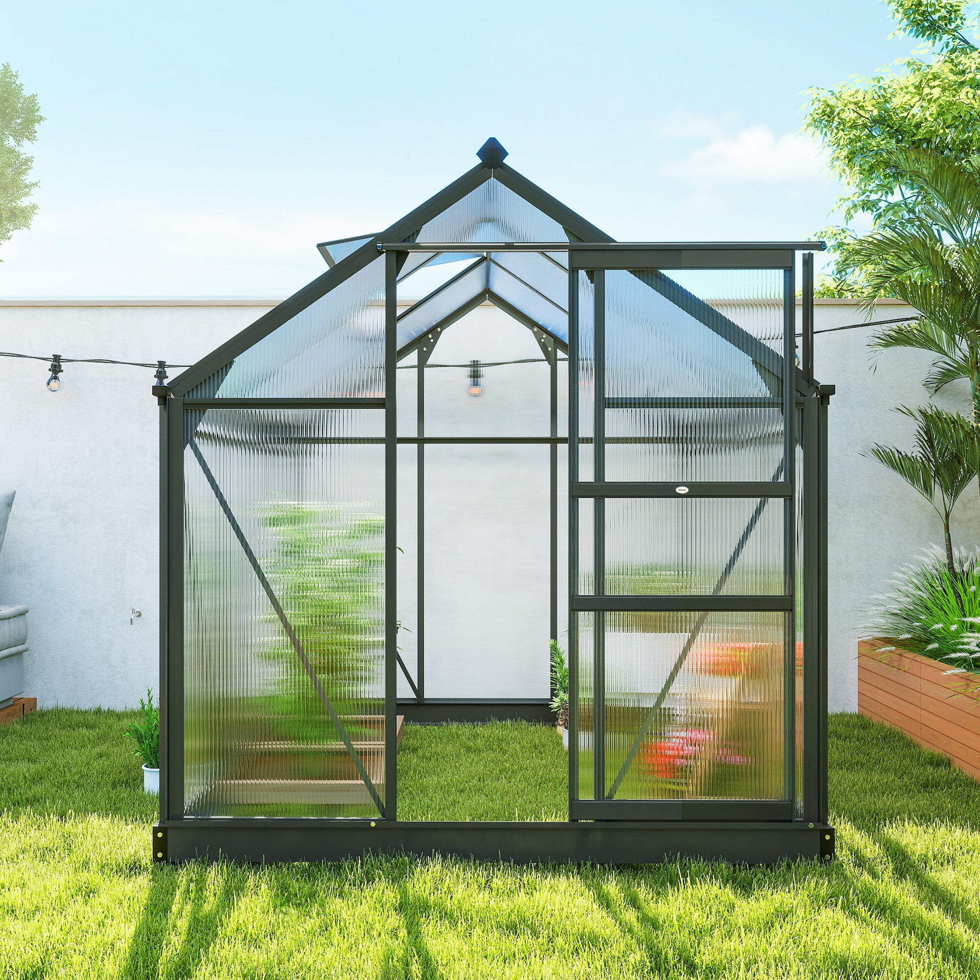 Serra da giardino in policarbonato 3,65 m² 190 x 192 x 201 cm resistente ai raggi UV, base rinforzata, grondaia, grigio