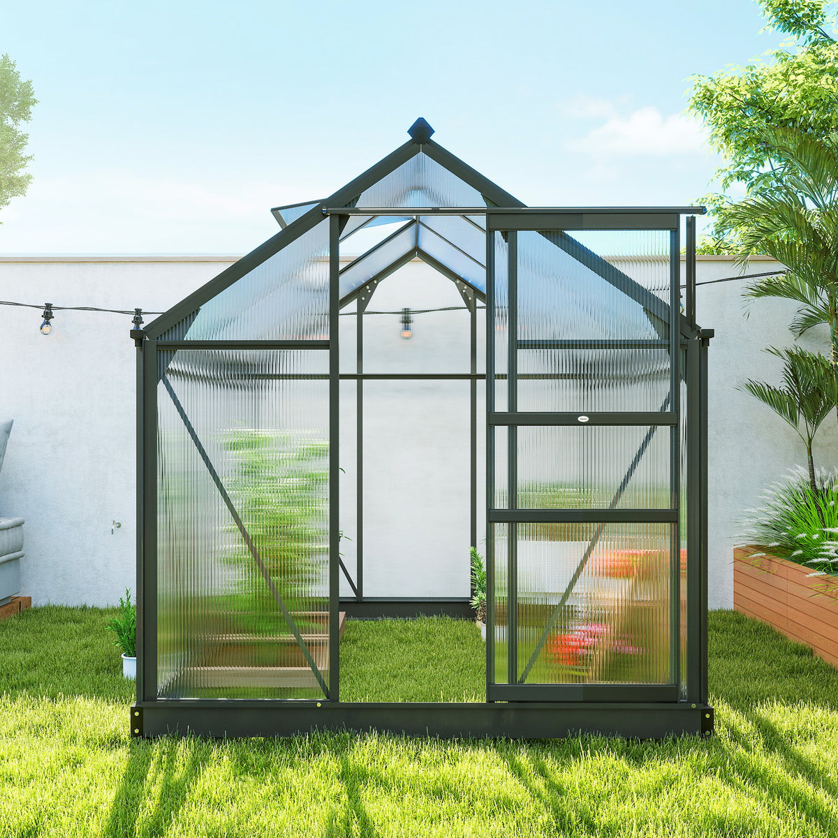 Serre de jardin polycarbonate 3,65m² 190 x 192 x 201 cm résistant aux UV fondation renforcé gouttière Gris