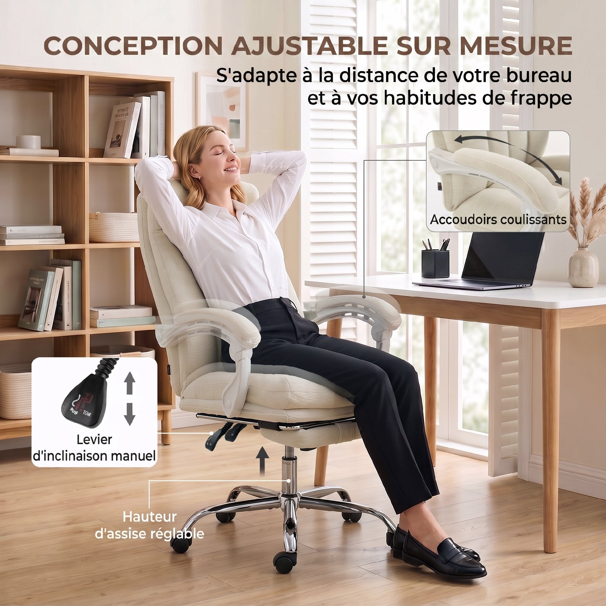 Sedia da ufficio ergonomica, poltrona da ufficio reclinabile in ciniglia, altezza regolabile, poggiapiedi, crema