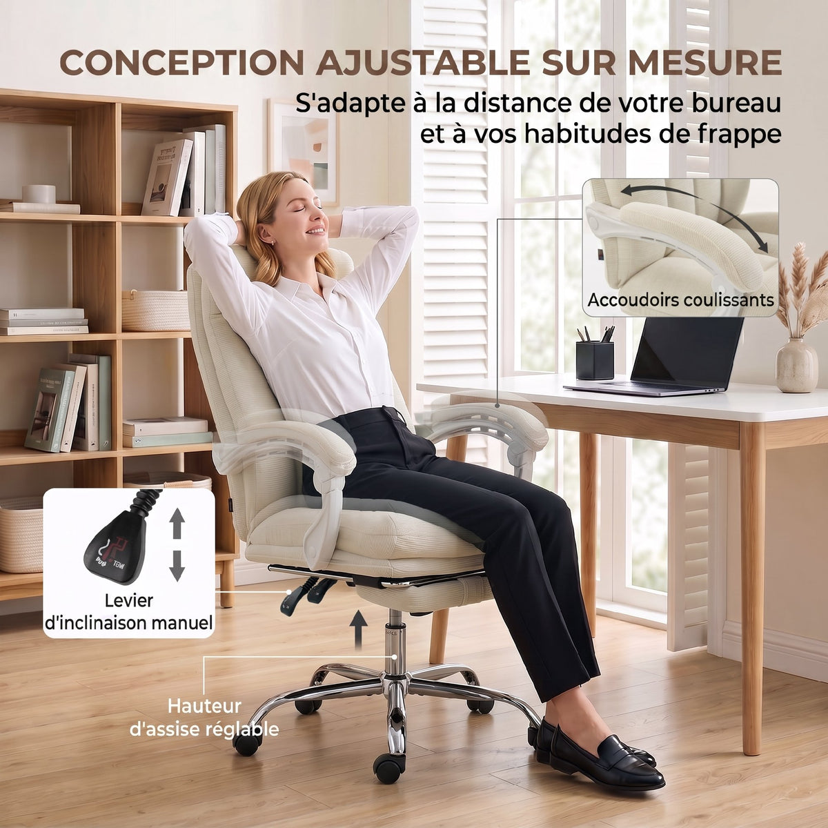 Chaise Bureau Ergonomique, Fauteuil de Bureau Inclinable en Chenille, Hauteur Réglable, Repose-Pieds, Crème