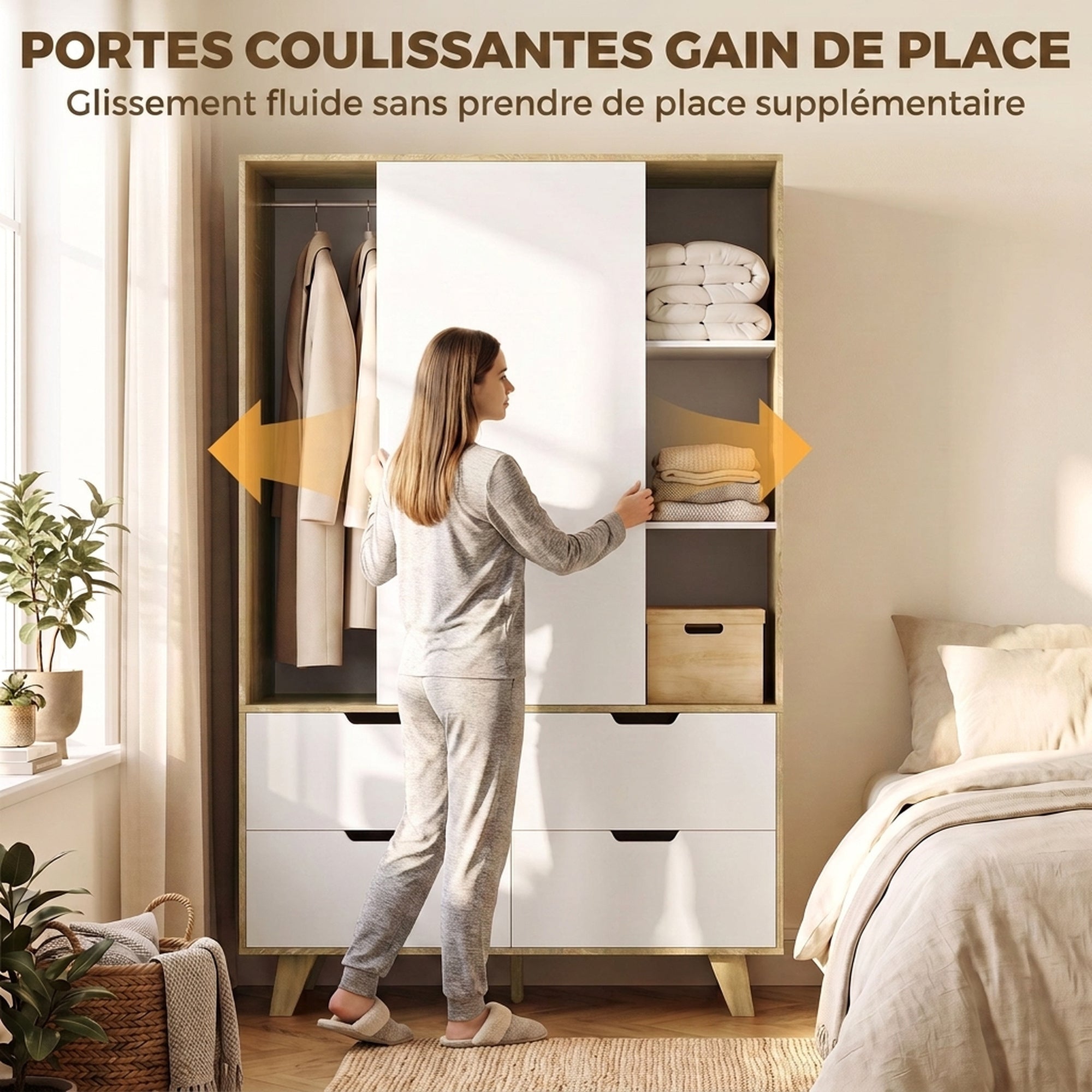 Bedroom Wardrobe, 2 Sliding Doors, 4 Drawers, Hanging Rail, Adjustable Shelves, Oak and White