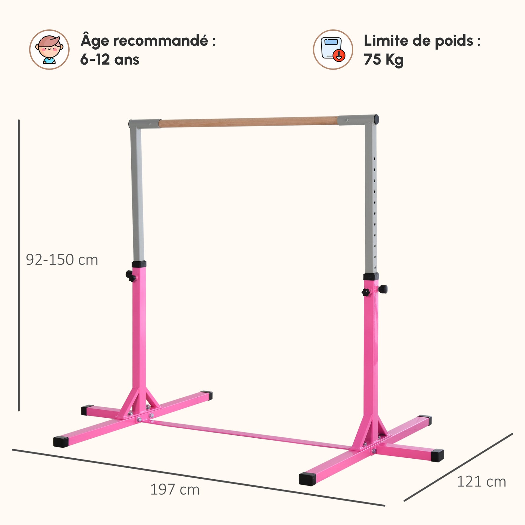 Barre Fixe de Gymnastique pour Enfant, Hauteur Réglable sur 13 Niveaux de 92-150 cm, en Acier et Bois de Hêtre, Barre de Gym d'Entraînement à Domicile, Antidérapant, Facile à Assembler, Rose