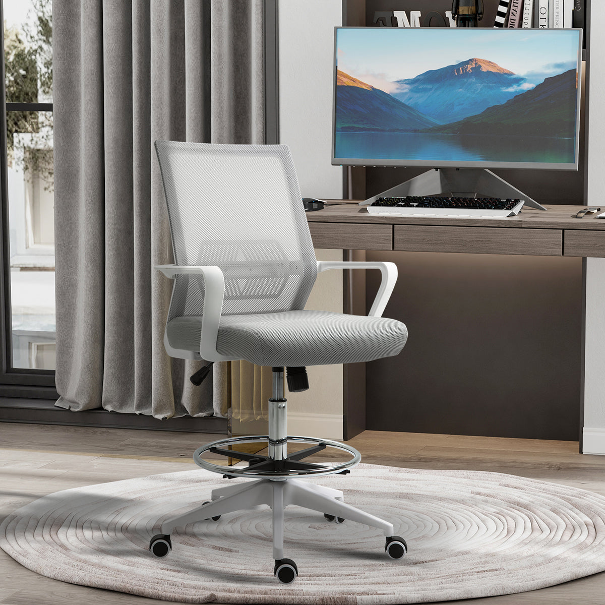 Fauteuil de bureau chaise de bureau assise haute réglable dim. 64L x 59l x 104-124H cm tabouret de bureau pivotant 360° maille respirante gris et blanc
