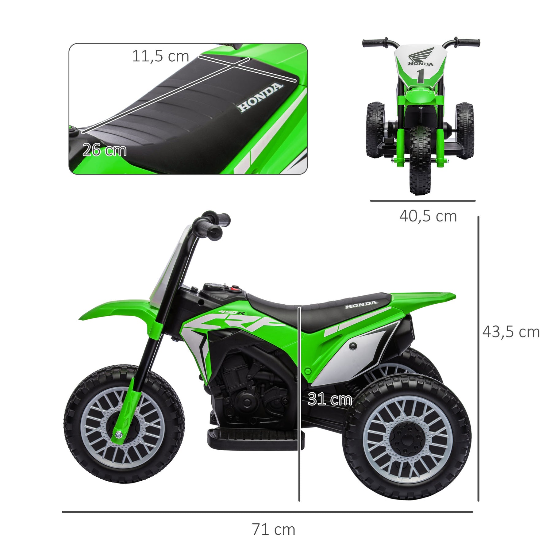 Moto cross éléctrique pour enfant licence Honda CRF450RL 3 roues batterie 6V enfants 18-36 mois vert