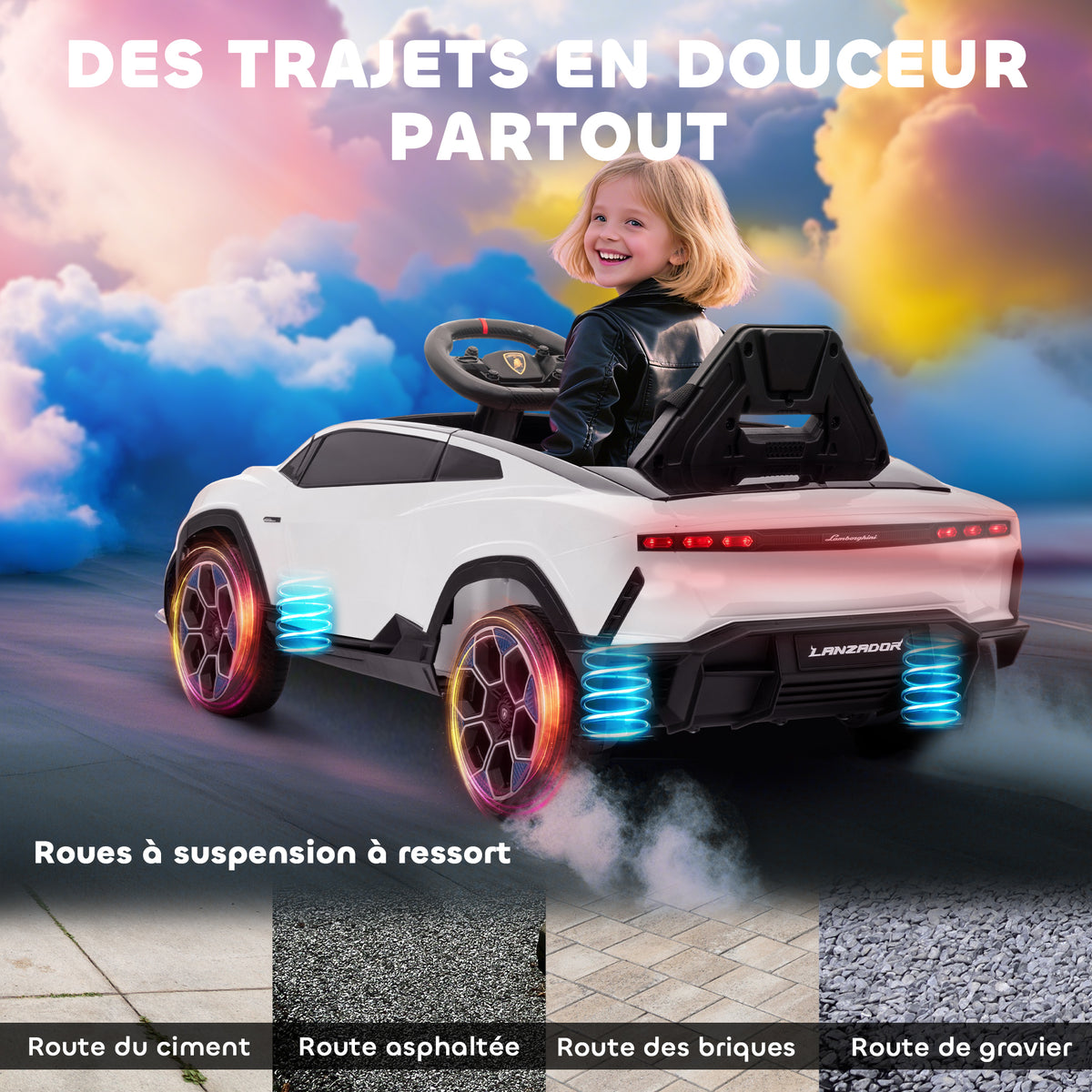 Voiture électrique enfant véhicule électrique Lamborghini 12V télécommande 2,4G et 2 moteurs vitesse max. 4 km/h blanc