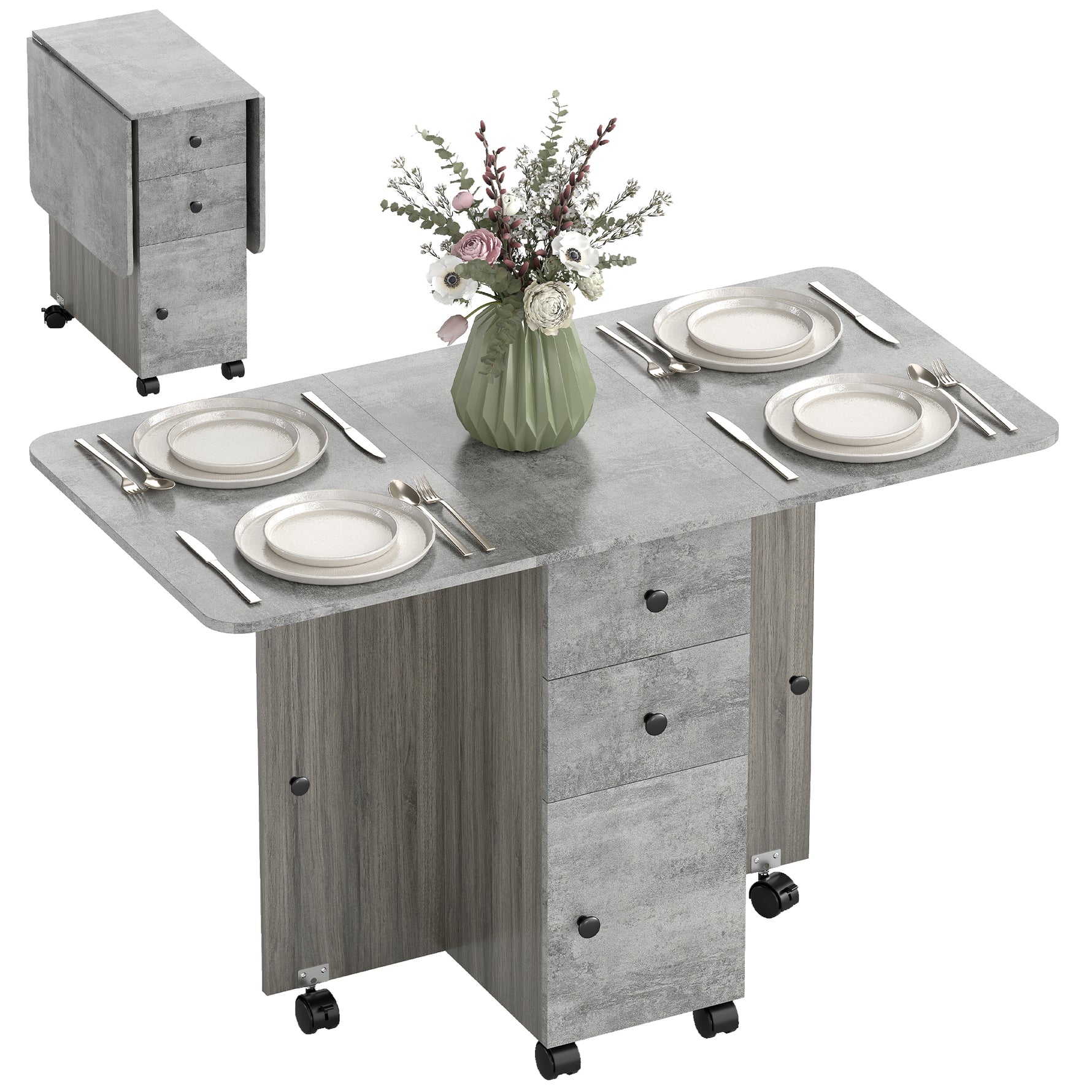 Table de cuisine pliable table à manger pliante 2 plateaux rabattables avec 2 tiroirs 1 placard et 1 étagère de rangement 120 x 60 x 76,5 cm - gris