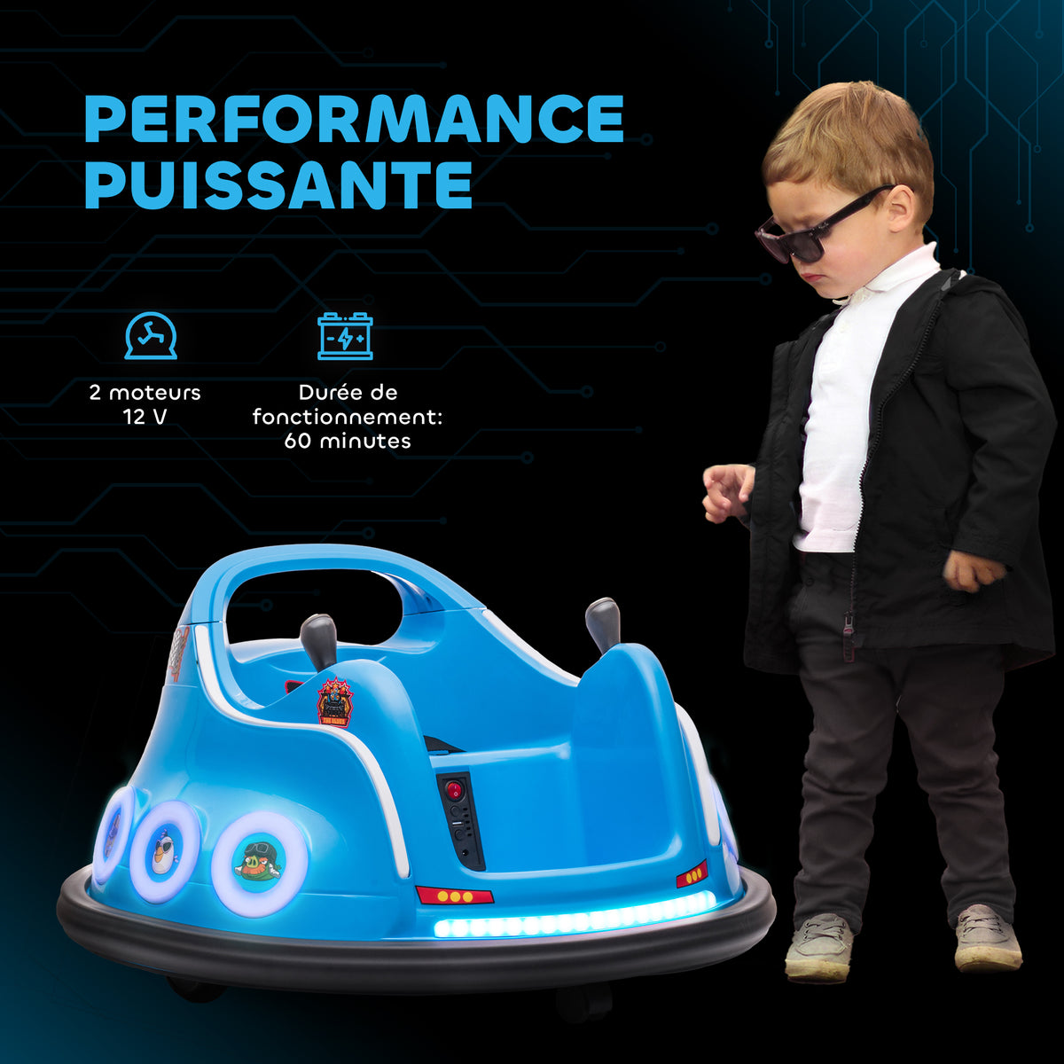 Voiture auto-tamponneuse électrique enfant 12V sous licence Angry Bird, voiture tournante 360°, 73 x 73 x 44 cm, bleu