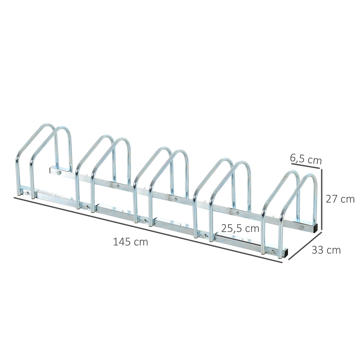 Portabicicletas para 5 bicicletas, soporte de almacenamiento para neumáticos de 65 mm, de suelo o pared, para bicicletas de montaña, bicicletas infantiles y BMX, 145 x 33 x 27 cm, acero plateado