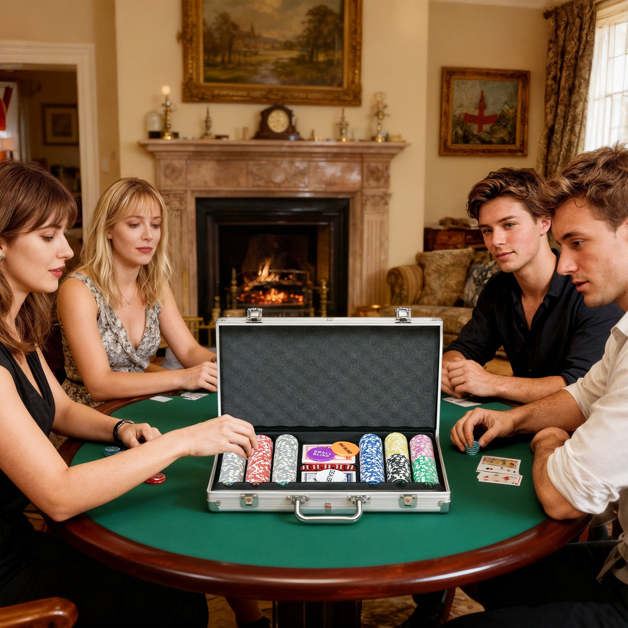 Poker-Koffer, komplettes Poker-Set, abschließbar, mit 300 Chips, 2 Kartendecks, 3 Buttons, 1 Filzmatte