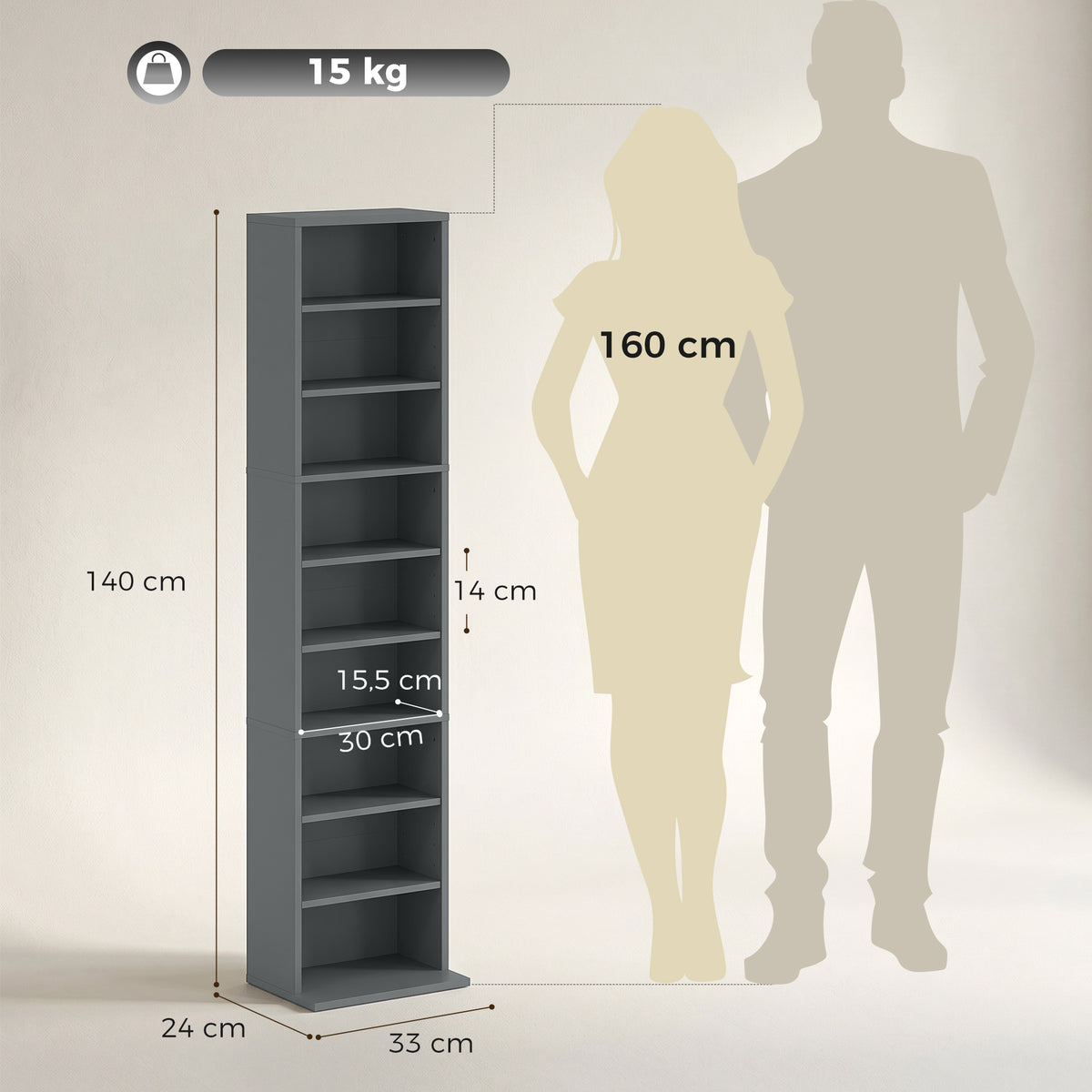 Rangements pour CD et DVD 9 compartiments et 6 étagères réglables capacité max. 260 CD/120 DVD 33 x 24 x 140 cm gris
