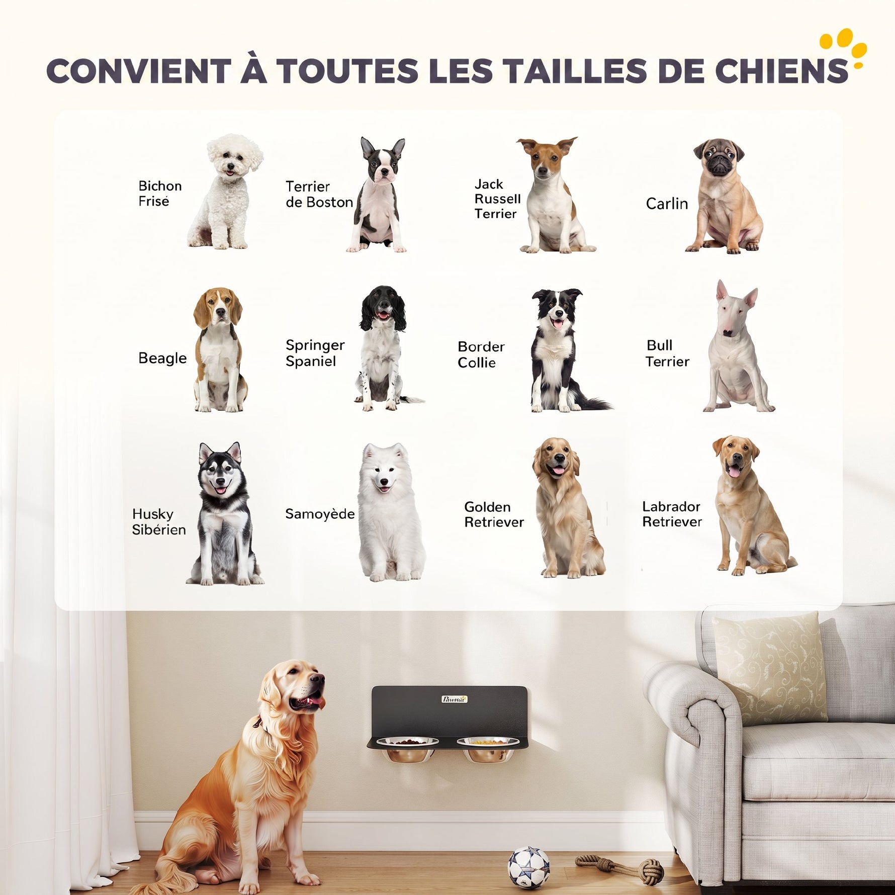 Gamelle Bol pour Chien Double Gamelle Support Mural 2 Bols Acier Inox 800ml Hauteur Réglable 42x23,5x14cm Noir