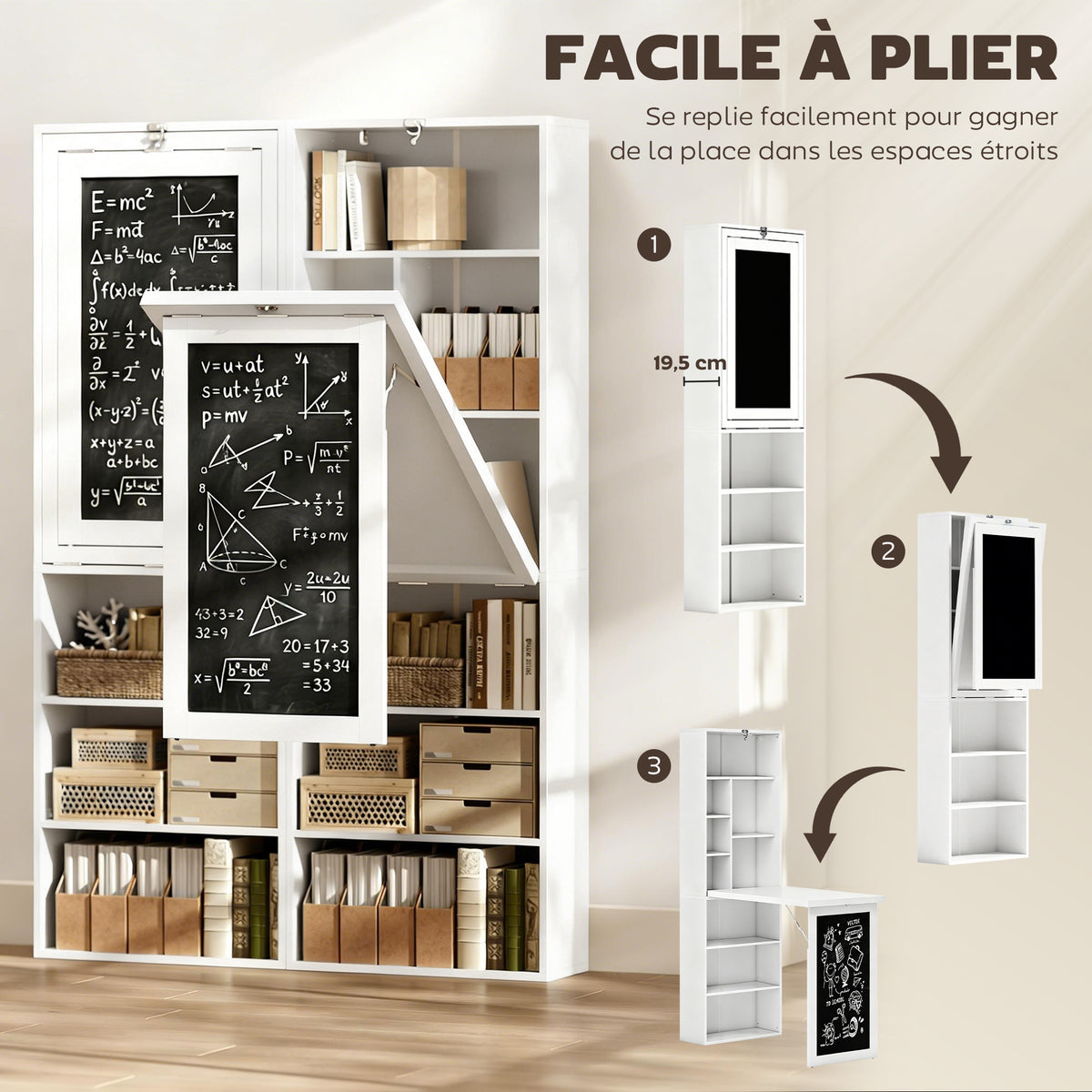 Bureau avec rangement pliable murale rabattable avec bibliothèque poste de travail tableau à craie et étagère réglable