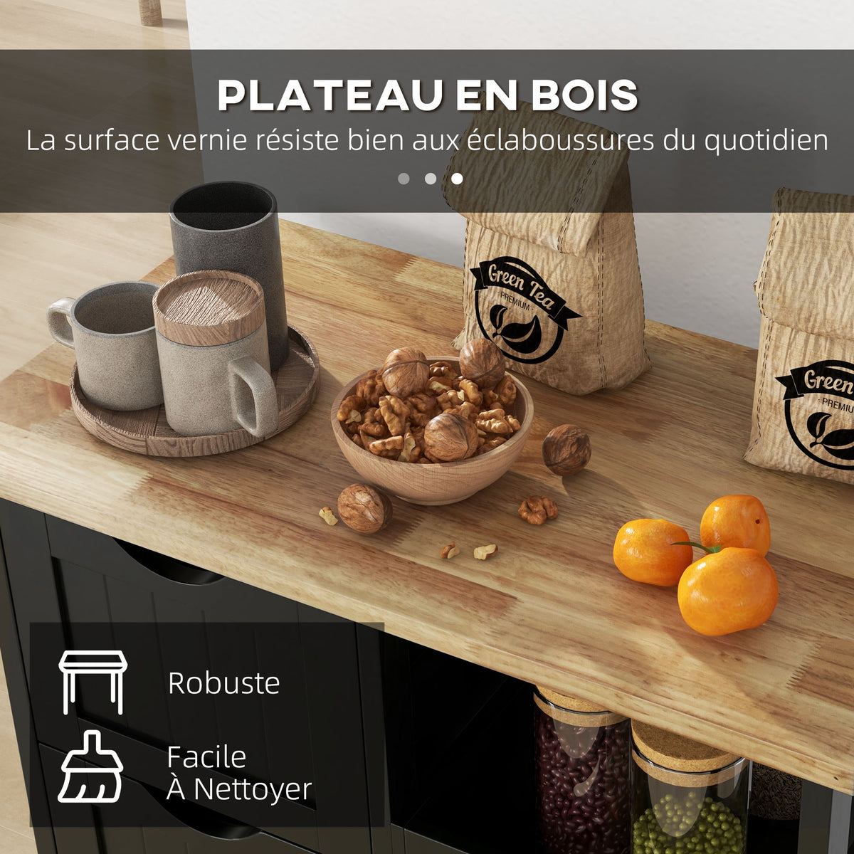 Chariot desserte de cuisine à roulettes plan de travail en bois 3 tiroirs et 1 plateau amovible 67 x 37 x 85,5 cm noir