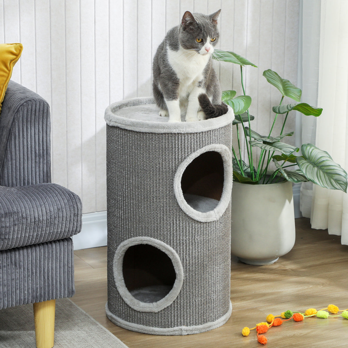 Tonneau à Gratter pour Chat, Tour à Griffer, Arbre à Chat à 2 Couches en Sisal Naturel, Ø35x60cm, Gris Clair
