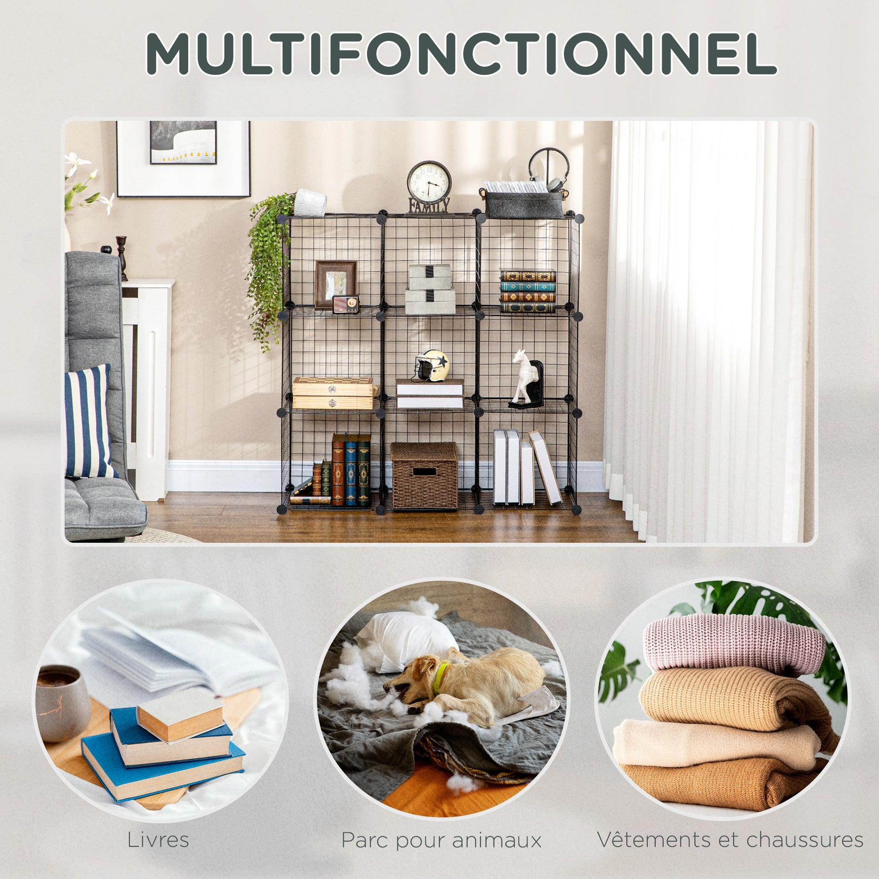 Étagère cube modulable DIY avec 9 compartiments en treillis métallique pour salon, chambre à coucher, noir