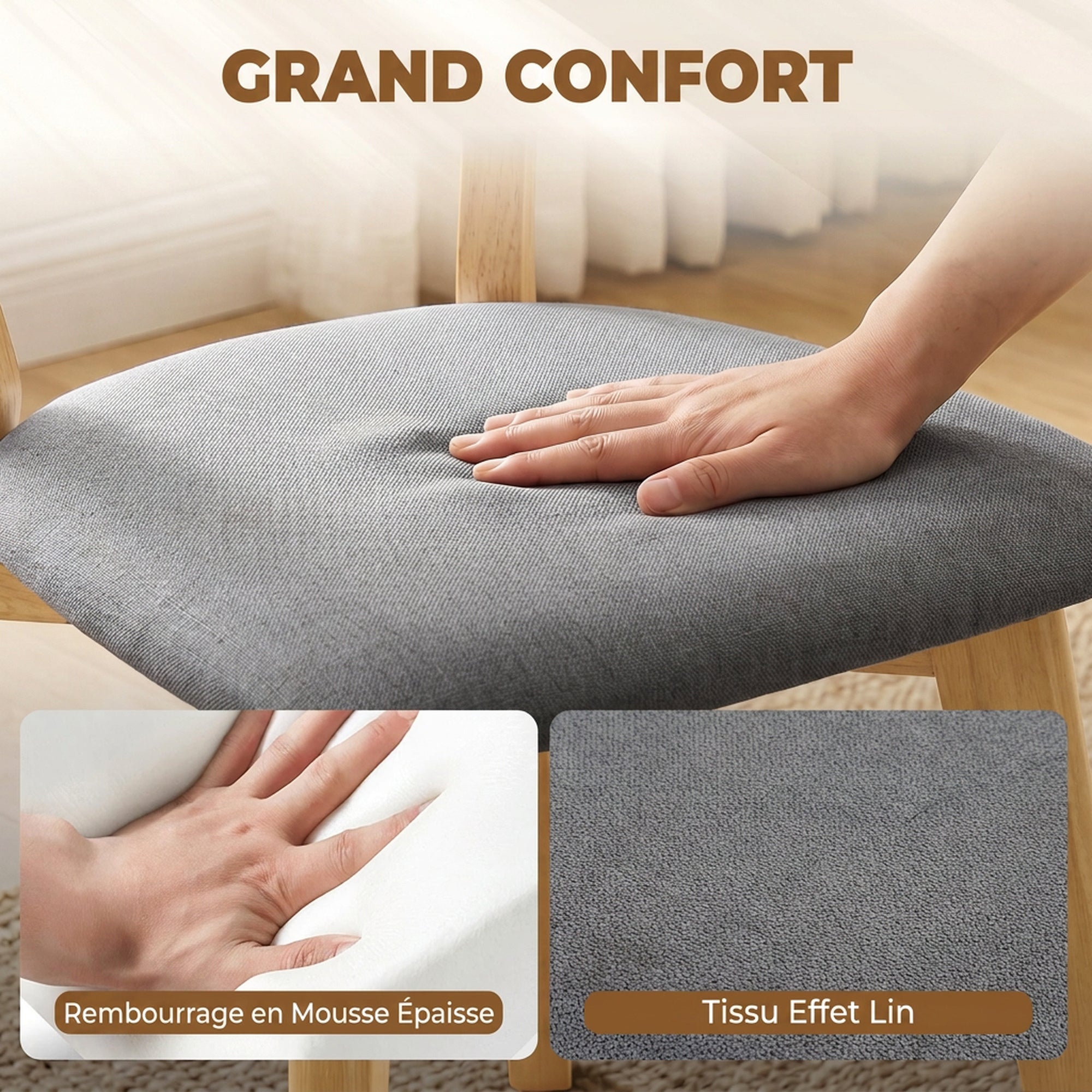 Juego de 4 sillas de comedor, sillas de cocina, asiento tapizado en lino, respaldo curvado, gris y madera natural