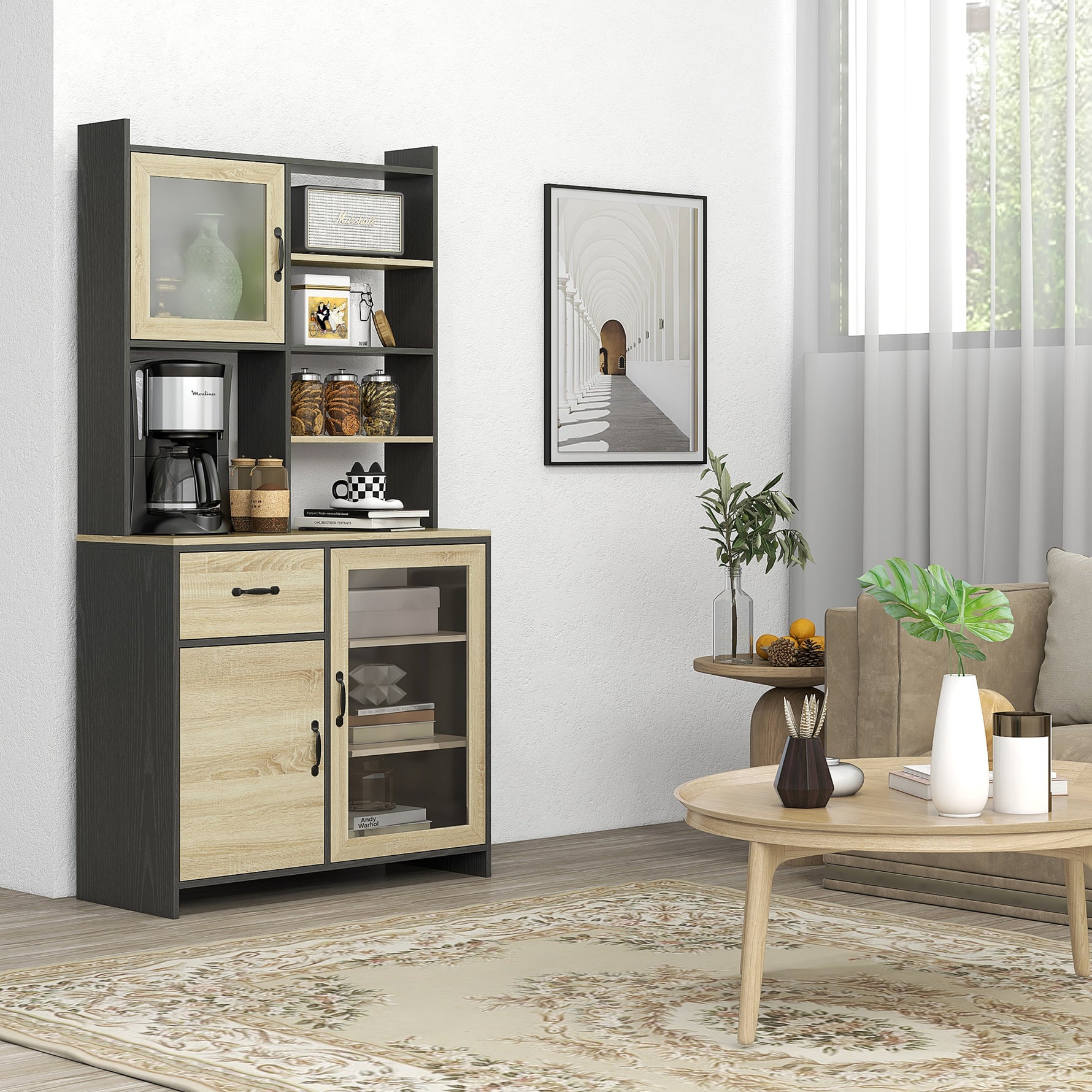 Armoire de cuisine buffet haut avec 1 tiroir 3 placards étagères 2 portes vitrées 90 x 39 x 177 cm noir naturel