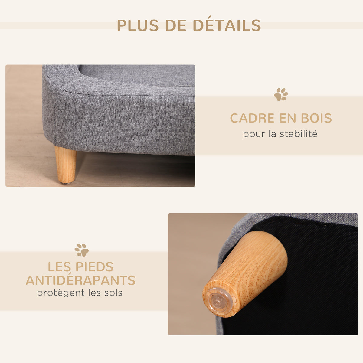 Canapé pour chien lit pour chien animal domestique style scandinave pieds en bois revêtement tissu déhoussable 75 x 55 x 39 cm - gris