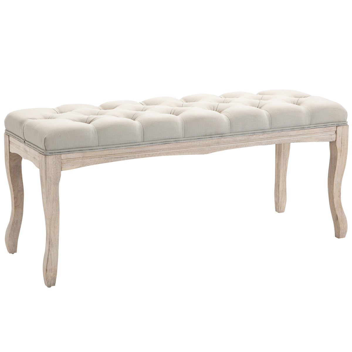 Banc Banquette capitonnée Style Classique 110 cm Bout de lit Rembourrée en lin piètement Bois hévéa sculpté Beige