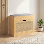 Banc chaussures entrée, banc de rangement en bambou, assise rembourrée, porte en rotin et étagère réglable, bois naturel