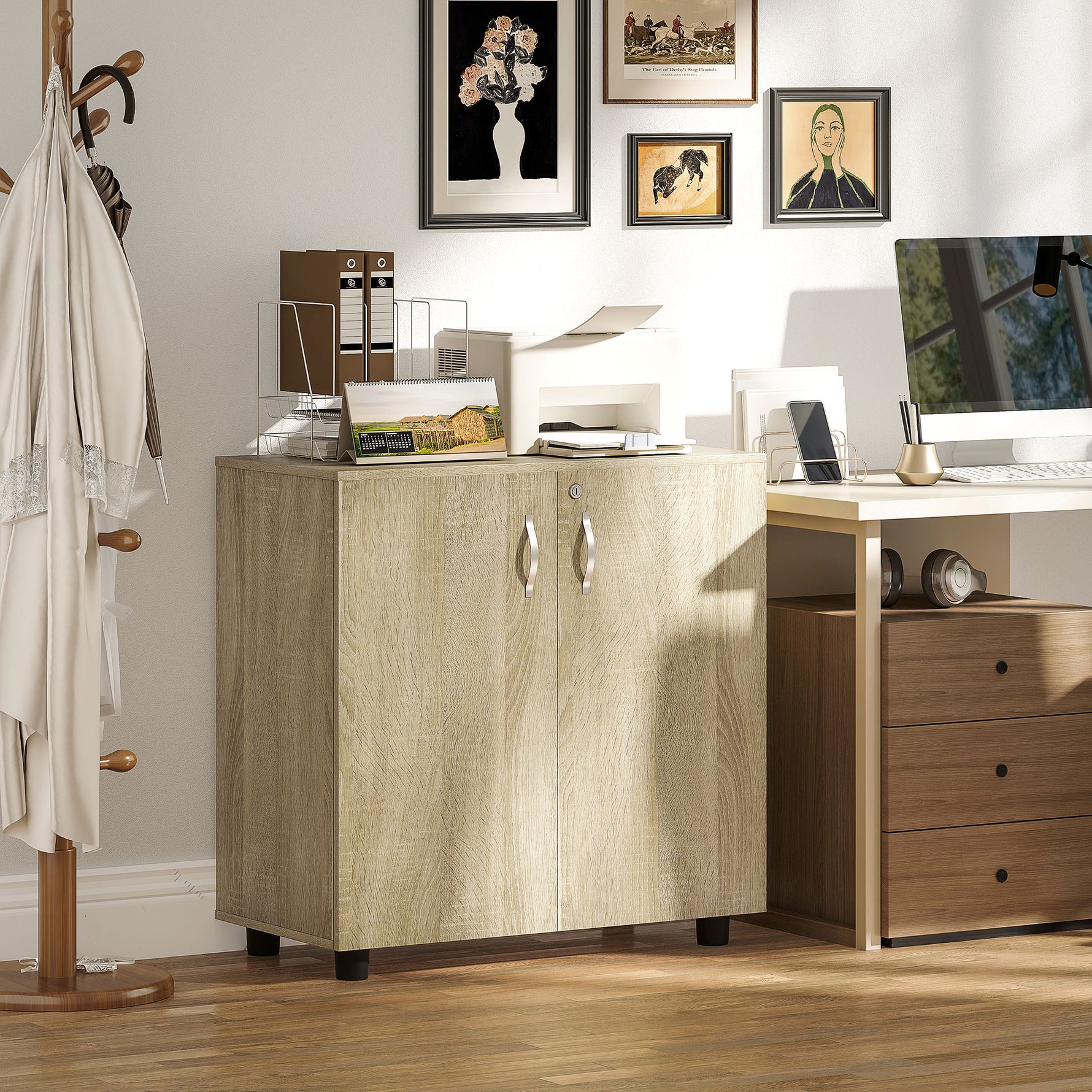 Armoire de bureau à 2 niveaux, meuble de rangement bureau avec 2 portes, serrures et clés, 80x40x80cm, chêne