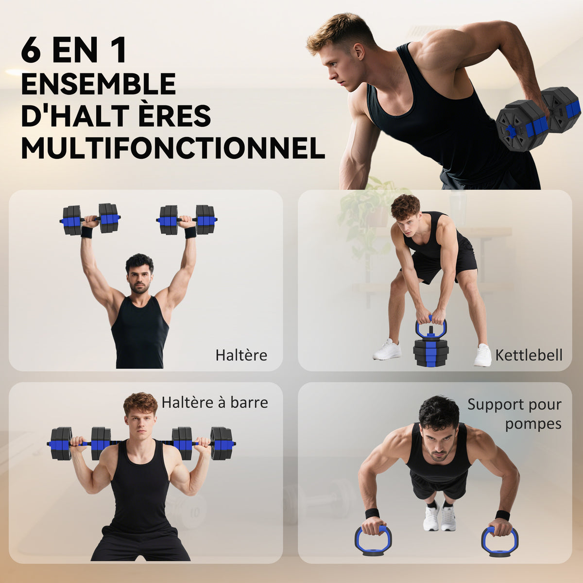 Set di manubri per bodybuilding 6-in-1, manubrio regolabile da 30 kg, kettlebell, bilanciere, supporto per flessioni, blu