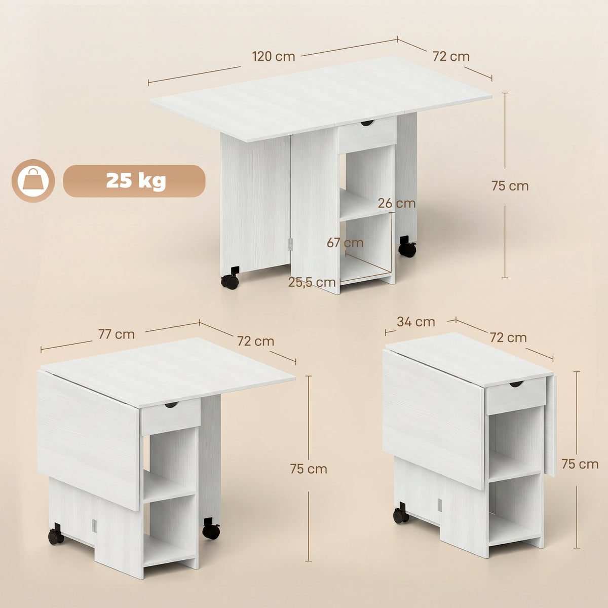 Tavolo da pranzo pieghevole, tavolo da cucina allungabile per 2-4 persone, 2 ribalte, 120 x 72 x 75 cm, bianco