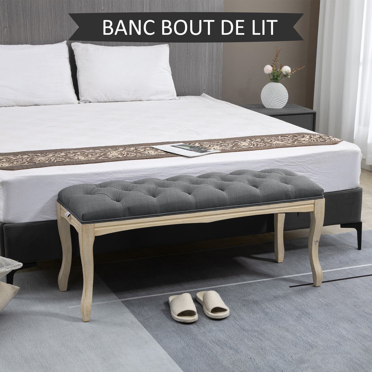 Banc Banquette capitonnée Style Classique 110 cm Bout de lit Rembourrée en lin piètement Bois hévéa sculpté Lin Gris