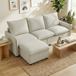 Canapé 3 places avec pouf de rangement, canapé d'angle modulable 212 cm, coussins à ressorts, tissu en lin, crème