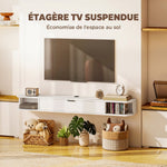 Hängendes TV-Board, Fernsehschrank für Fernseher bis 60 Zoll, Klappfach, 2 Ablagen, 140x24x16cm, Weiß