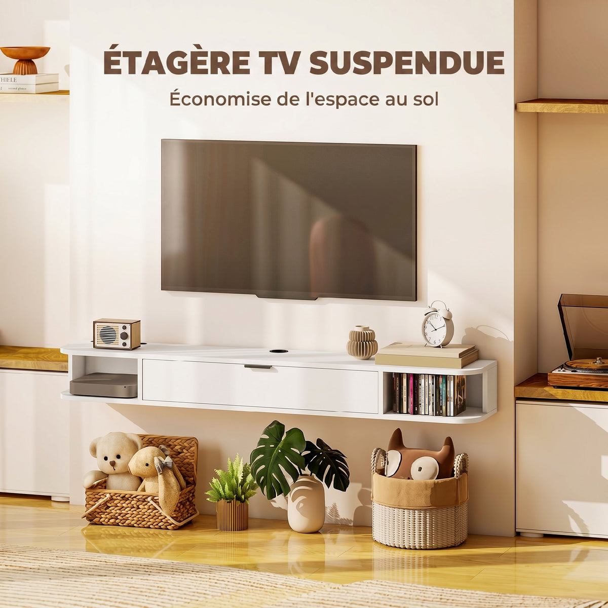 Hängendes TV-Board, Fernsehschrank für Fernseher bis 60 Zoll, Klappfach, 2 Ablagen, 140x24x16cm, Weiß