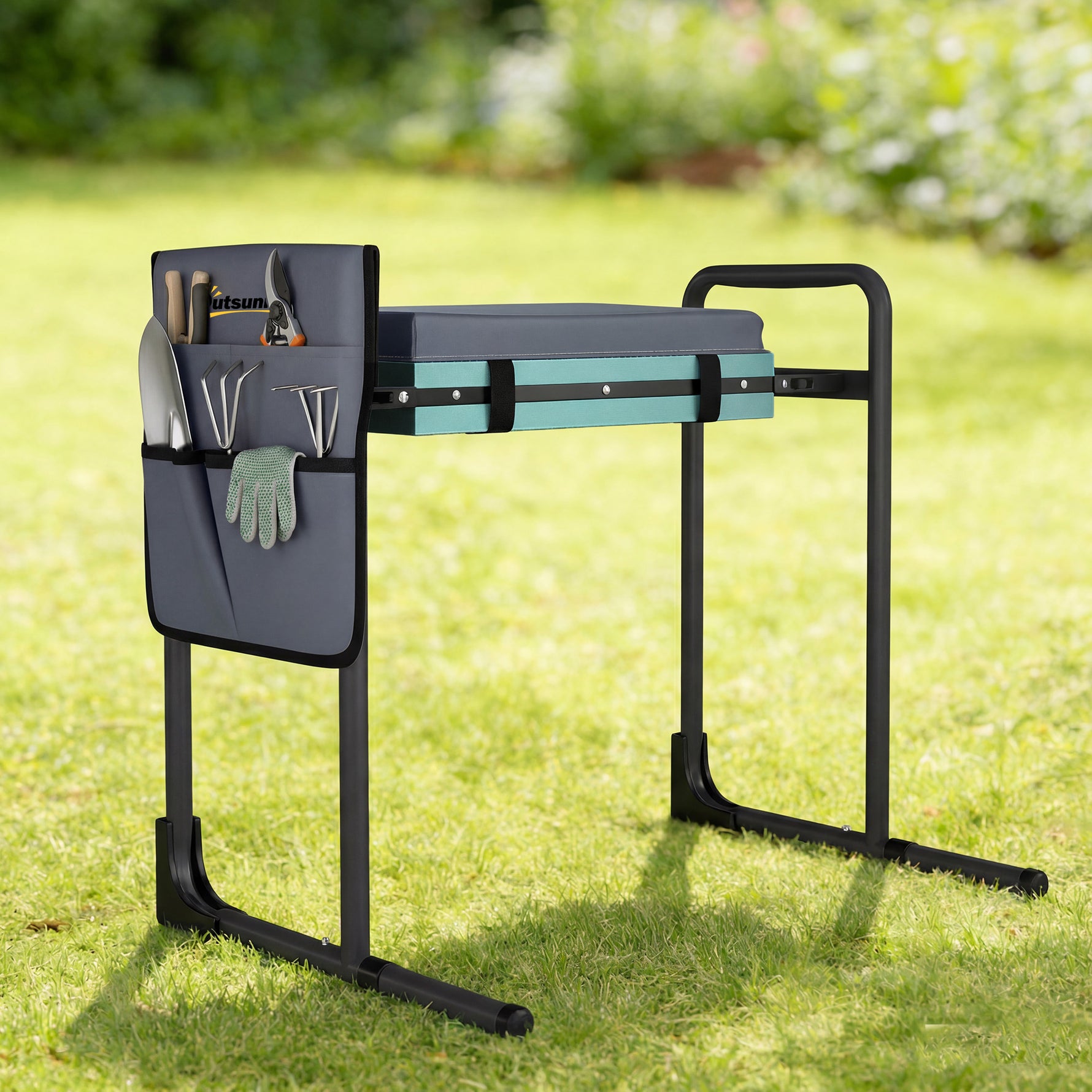 Tabouret de jardin pliable agenouilloir de jardin avec coussin rembourré en mousse EVA, poches à outils, gris foncé