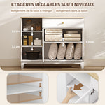 Buffet salon avec placard à portes en verre trempé nervuré, tiroir, 3 compartiments ouverts et étagères réglables, blanc