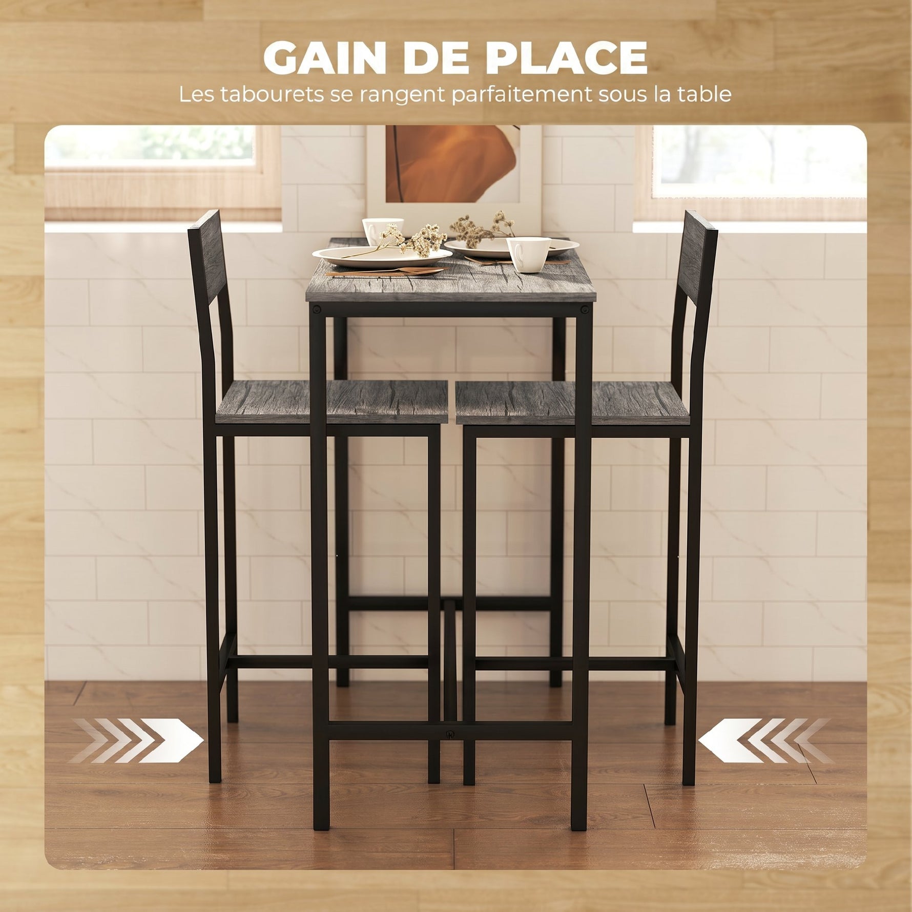 Ensemble table de bar avec tabourets, table à manger debout avec 2 chaises de bar, repose-pieds et dossiers, gris