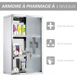 Armoire à pharmacie murale à 3 niveaux en acier inoxydable avec porte verrouillable en verre avec 2 clés
