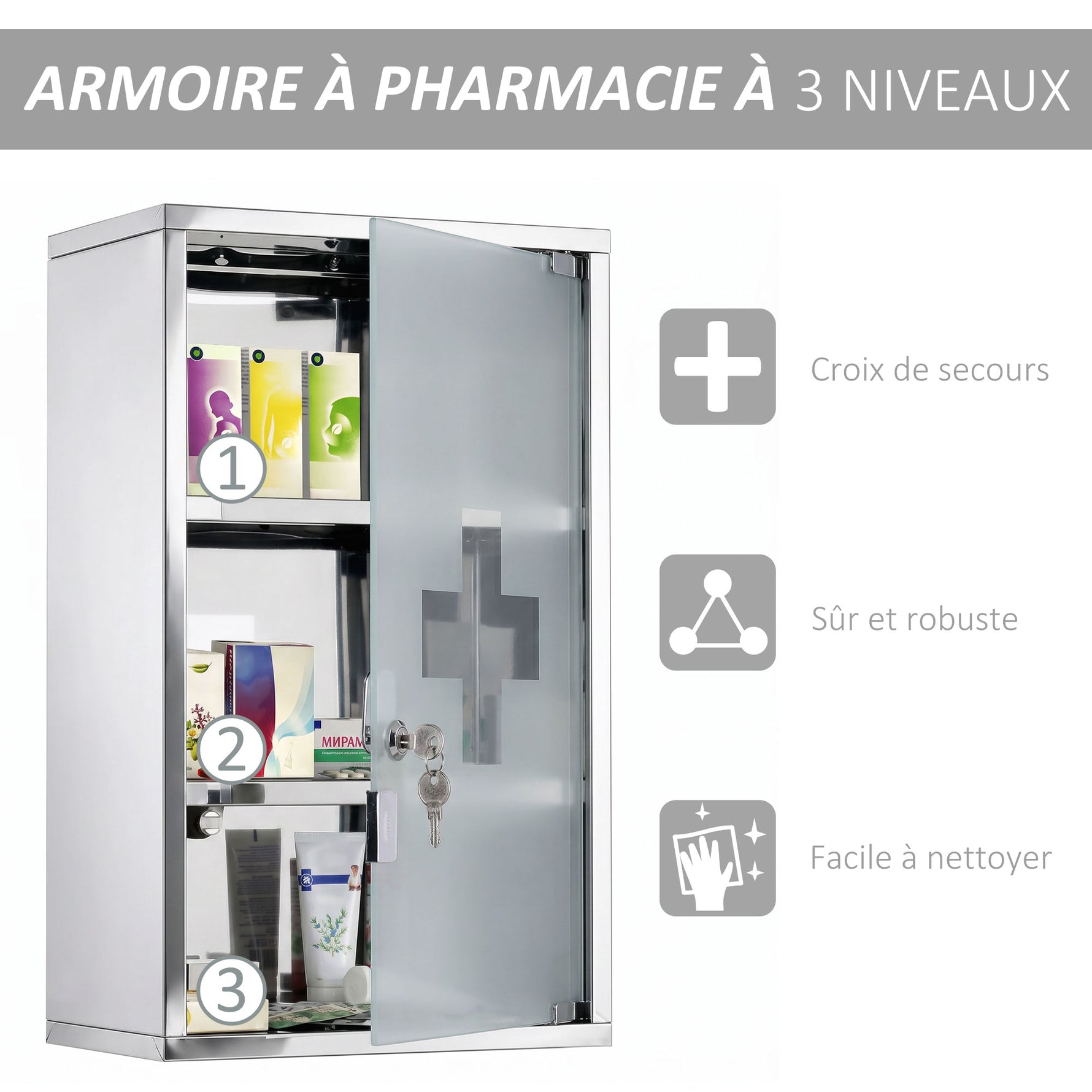 Armoire à pharmacie murale à 3 niveaux en acier inoxydable avec porte verrouillable en verre avec 2 clés