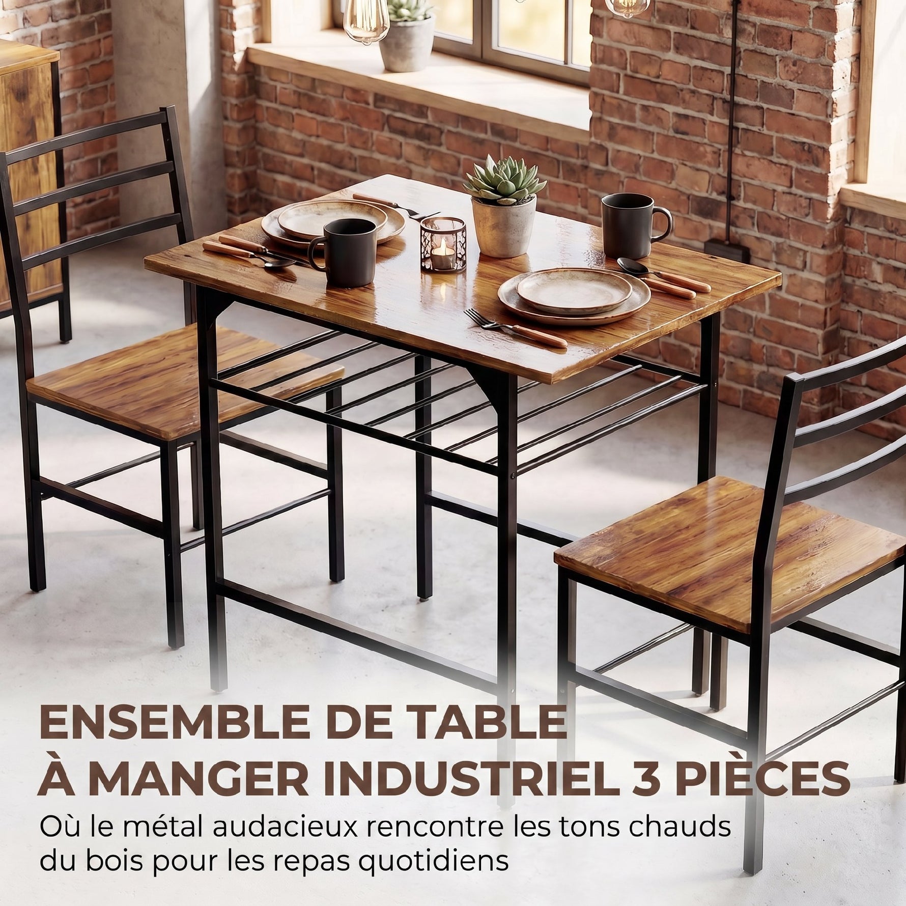 Ensemble table salle à manger avec 2 chaises, table de cuisine avec chaises pour 2 personnes, cadre en métal, marron