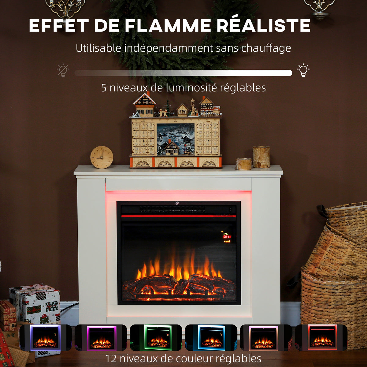 Cheminée électrique 1000W/2000W fausse cheminée effet flamme à 12 couleurs et 5 luminosités réglables 98x25x80cm blanc-3