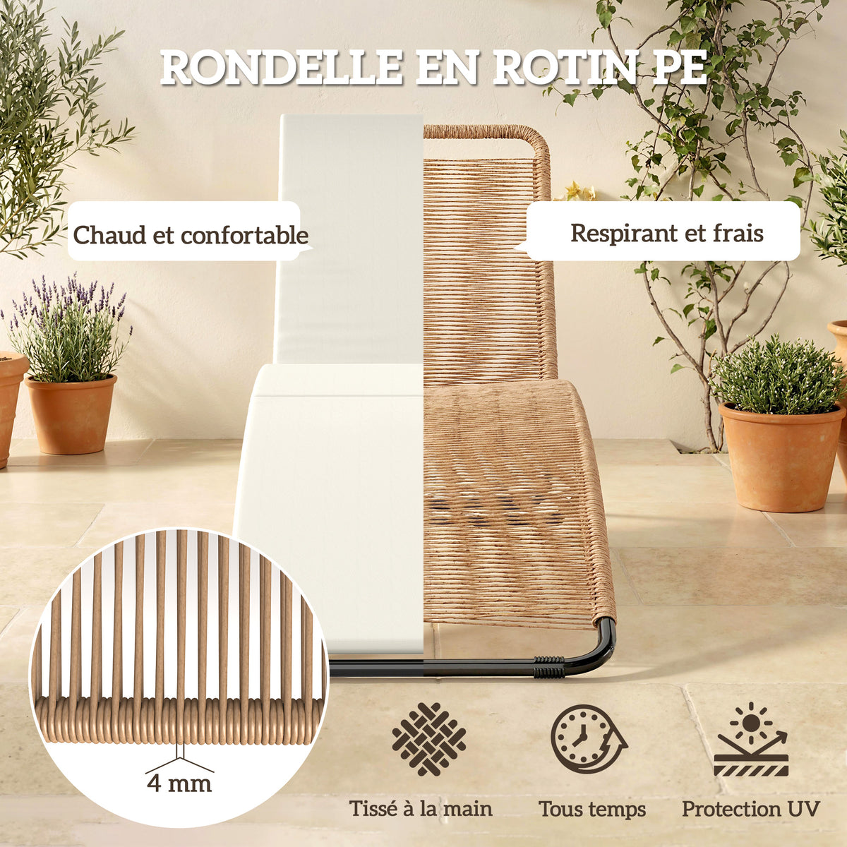 Bain de soleil en résine tressée transat de jardin design en S courbe naturelle structure robuste acier coussin crème