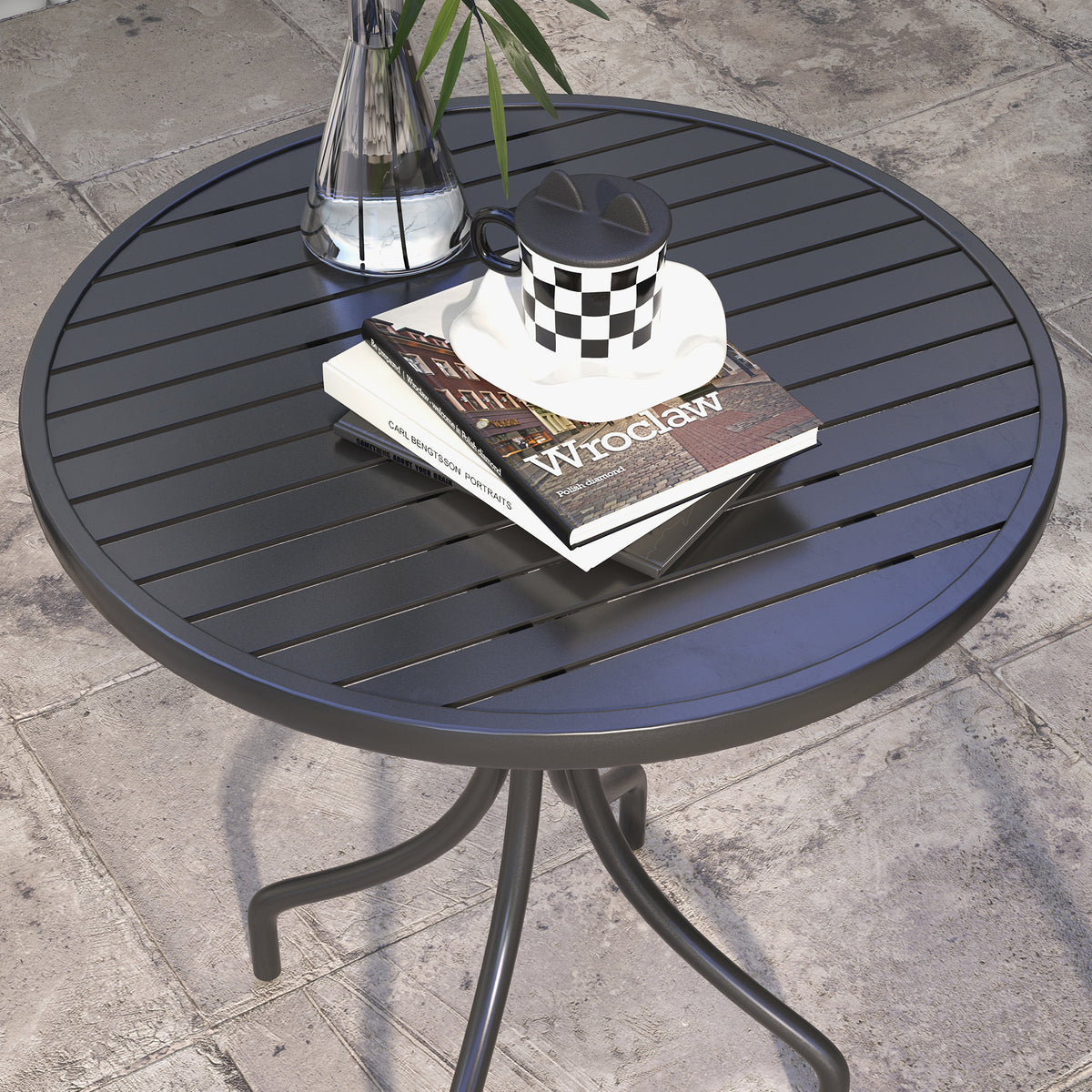 Table de Bistrot Ronde Ø 66 cm en Acier Galvanisé avec Plateau à Lattes pour Terrasse, Balcon, Noir