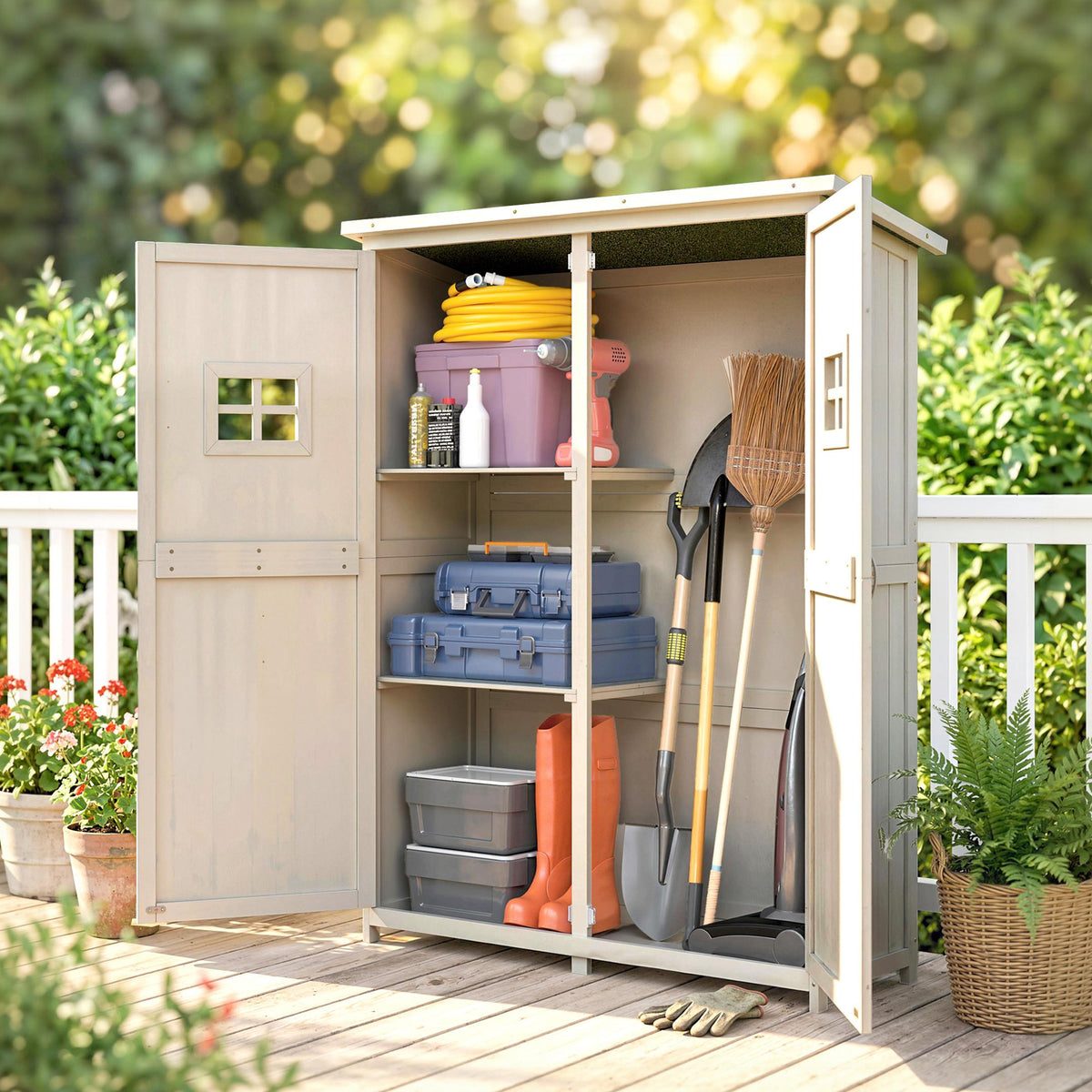 Abri de Jardin en bois Armoire de Jardin dim. 127,5L x 50l x 164H cm 2 étagères 2 Portes 2 fenêtres Toit bitumé étanche Bois Massif Sapin pré-huilé Gris
