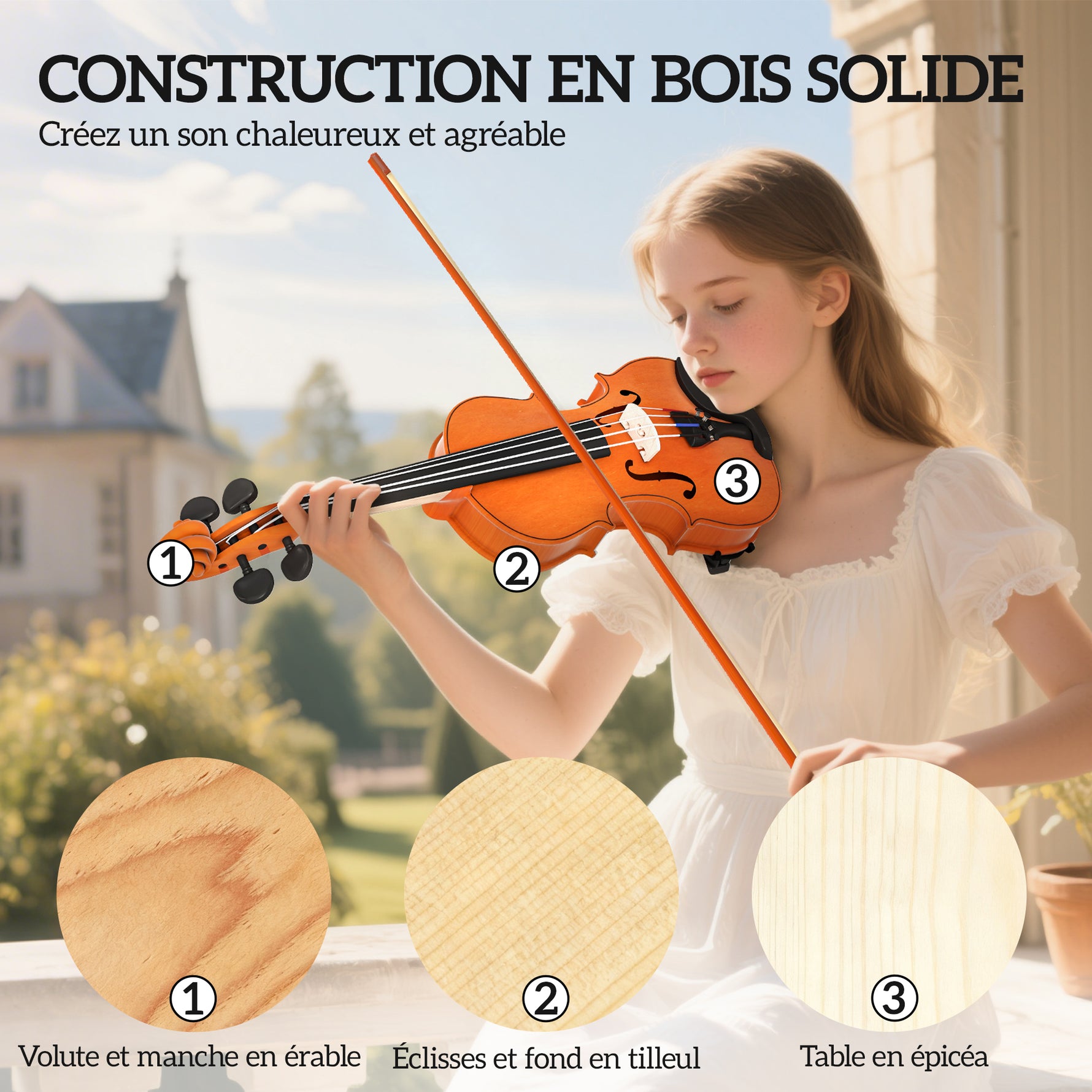 Violon 4/4 ensemble de violon en bois massif pour adultes et débutants avec étui léger et portable 60 x 21 cm marron