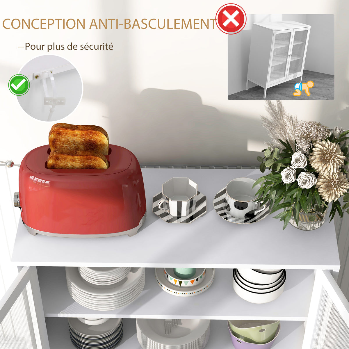 Buffet meuble de cuisine à 3 niveaux avec 2 portes grillagées avec étagère réglable 80 x 37 x 92 cm blanc