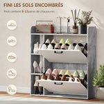Meuble à chaussures 15 paires, armoire à chaussures moderne avec 2 tiroirs rabattables, 83x24x90,5cm, blanc et gris