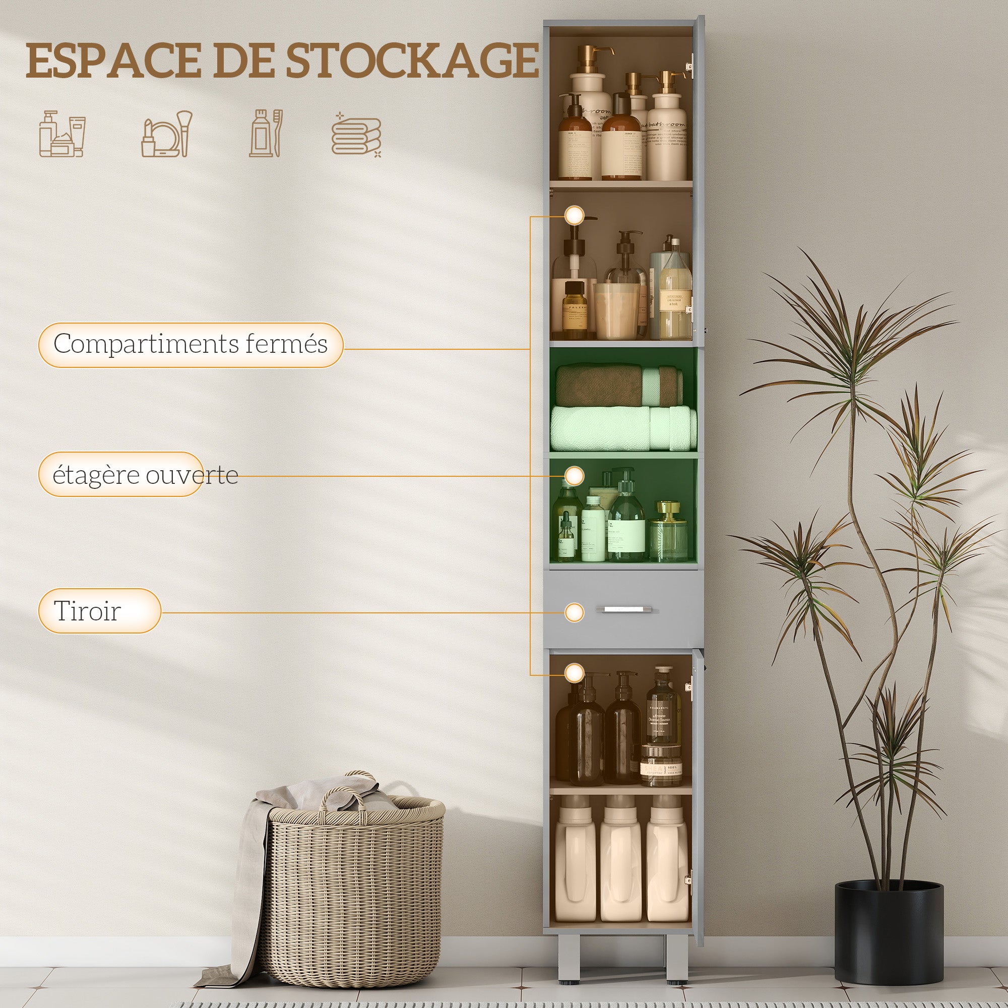 Mobile a colonna per bagno con ripiani regolabili e scomparti a giorno, 30x30x180cm, grigio lucido