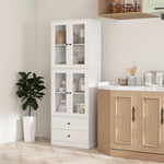 Buffet haut cuisine, armoire de cuisine avec portes vitrées, tiroirs et étagères réglables, 59x30x170cm, blanc brillant