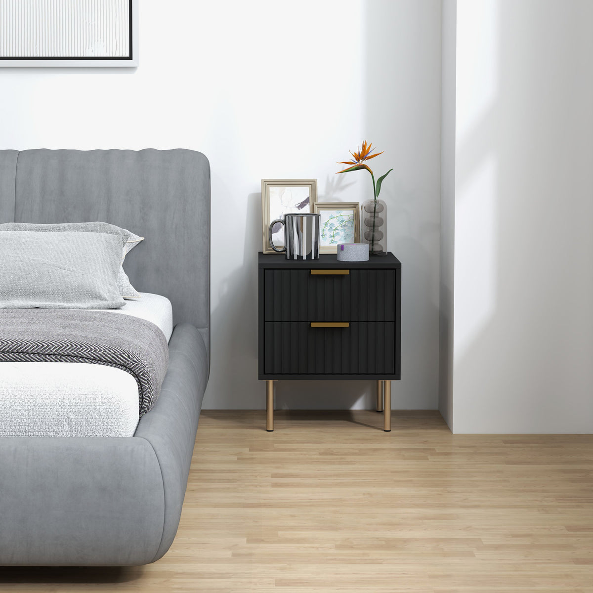 Mesita de noche, mesa de noche acanalada con 2 cajones y patas de acero, para dormitorio, salón, negro